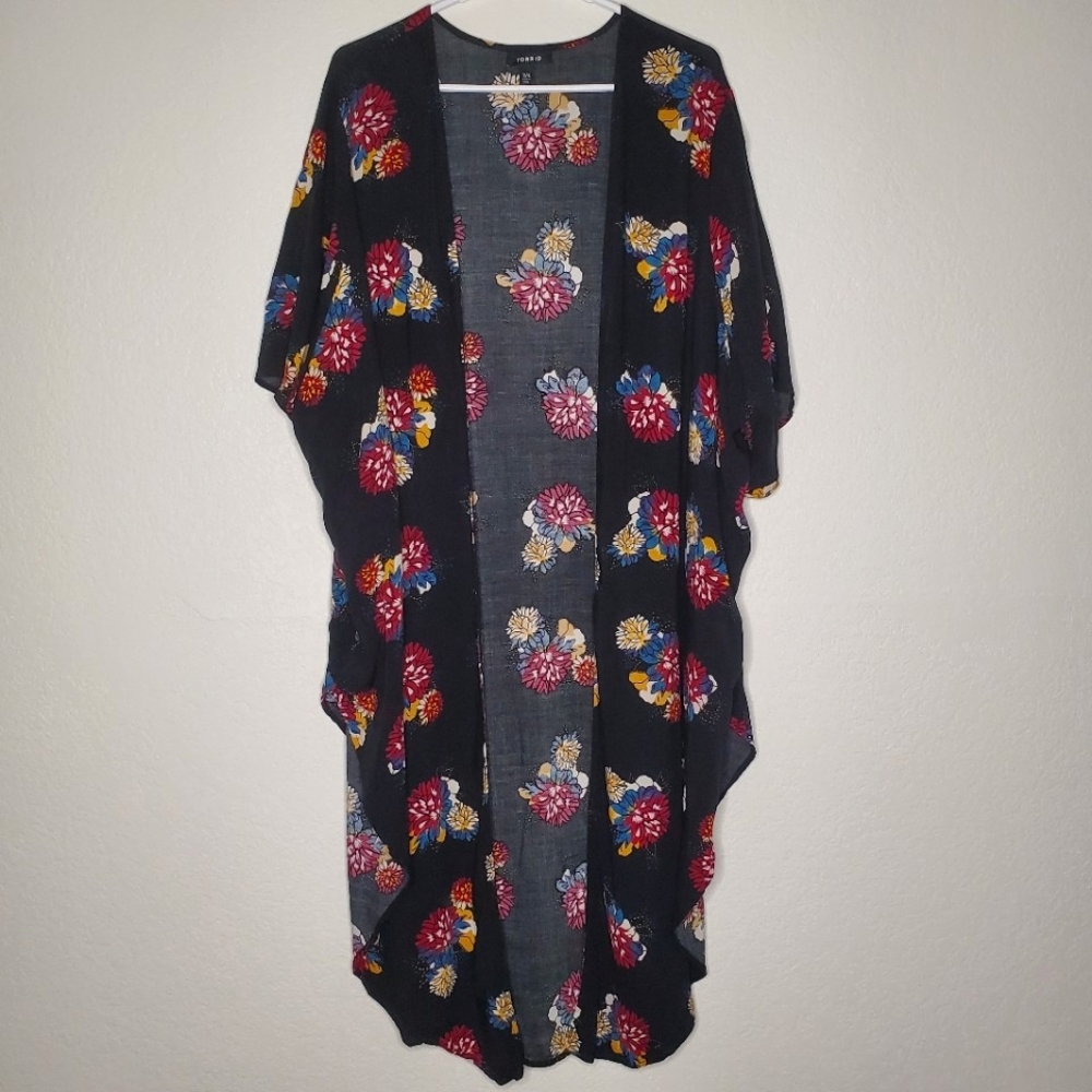 Torrid 3/4 floral print long maxi black kimono